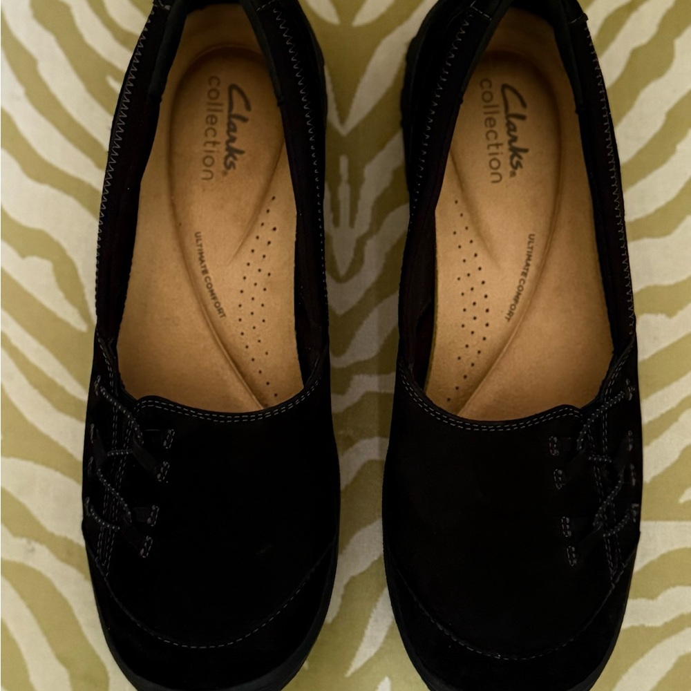Clarks Black Flats Classic Suede Loafers